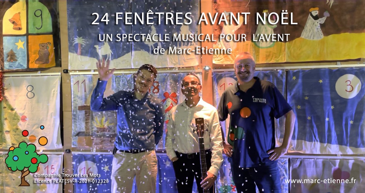 Affiche de 24 Fenêtres avant Noël avec l'équipe devant le décor